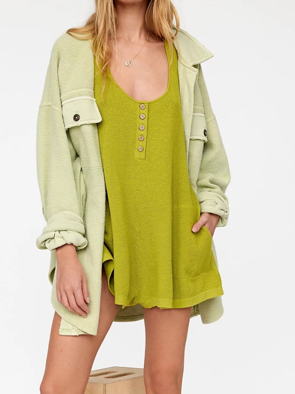 Free People FP Beach Knit Romper Cover-Up in Olive - Picture 2 of 8